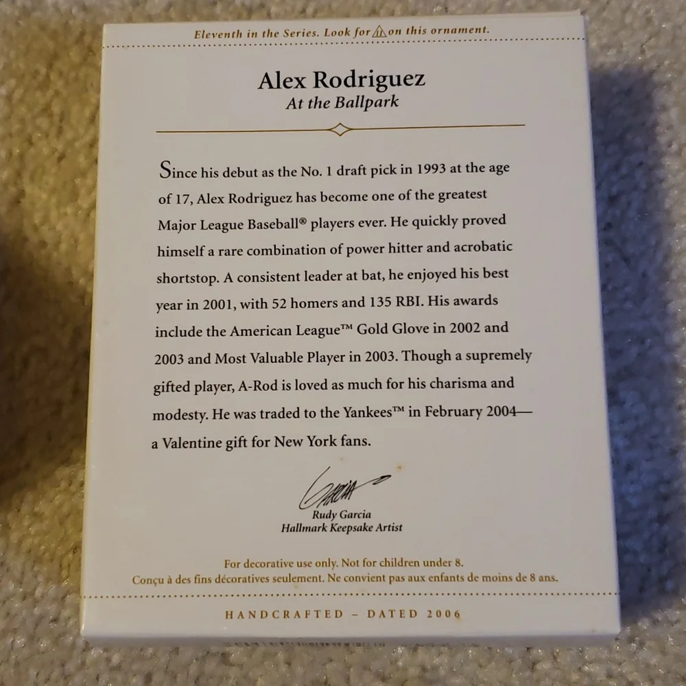 Hallmark 2006 At The Ballpark ALEX RODRIQUEZ Holiday Christmas Ornament